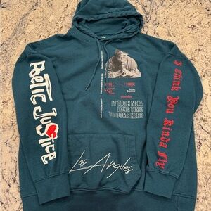 Poetic Justice Tupac Graphic Hoodie XL Teal Los Angeles Pullover Sweatshirt
